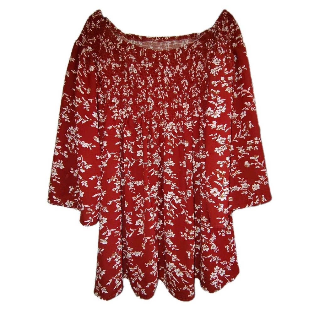 Floral Smocked Off-The-Shoulder Mini Dress Rust Red Boho Bell Sleeve Tunic -... - Picture 1 of 10